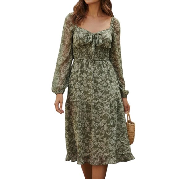 TRIXXI Green Floral Smocked Long Sleeve Midi Dress Square Neck Cottagecore M - Picture 1 of 11